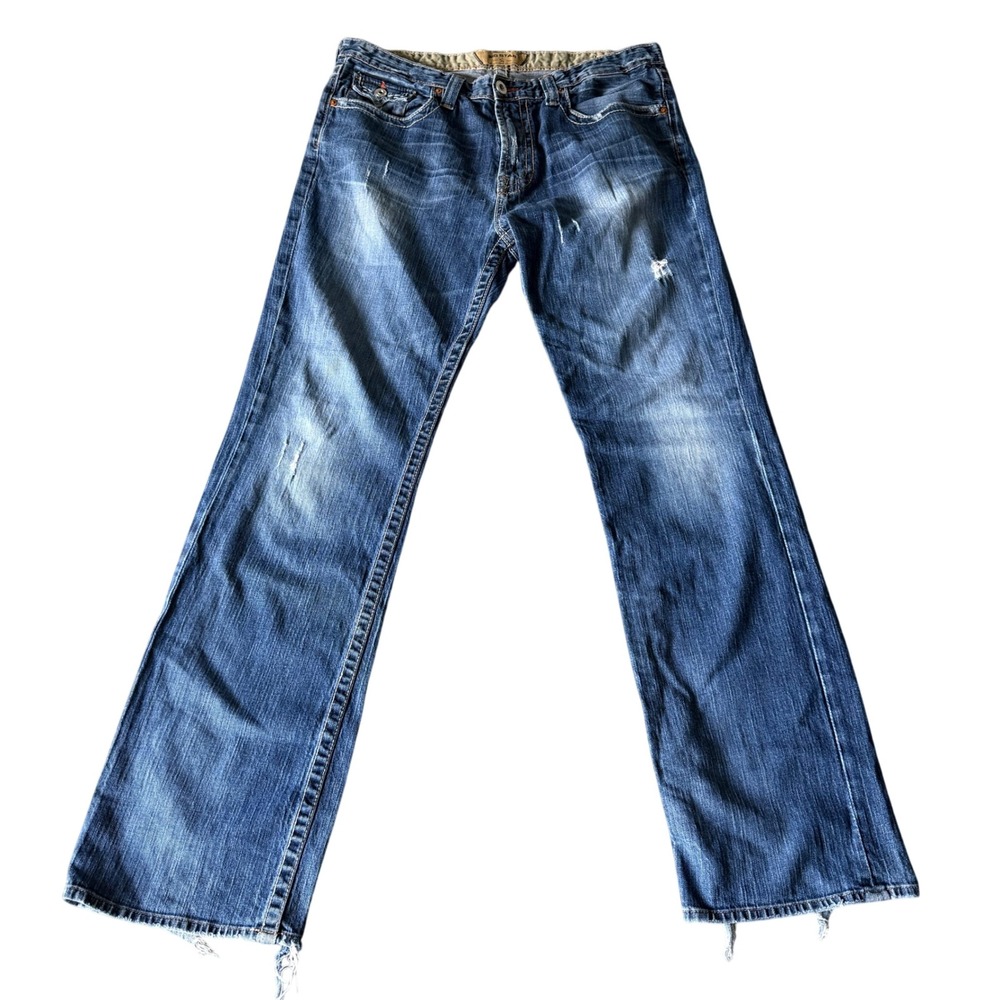 Big Star‎ Pioneer Bootcut Jeans Mens 36L Blue Distressed Frayed Hem Medium Wash